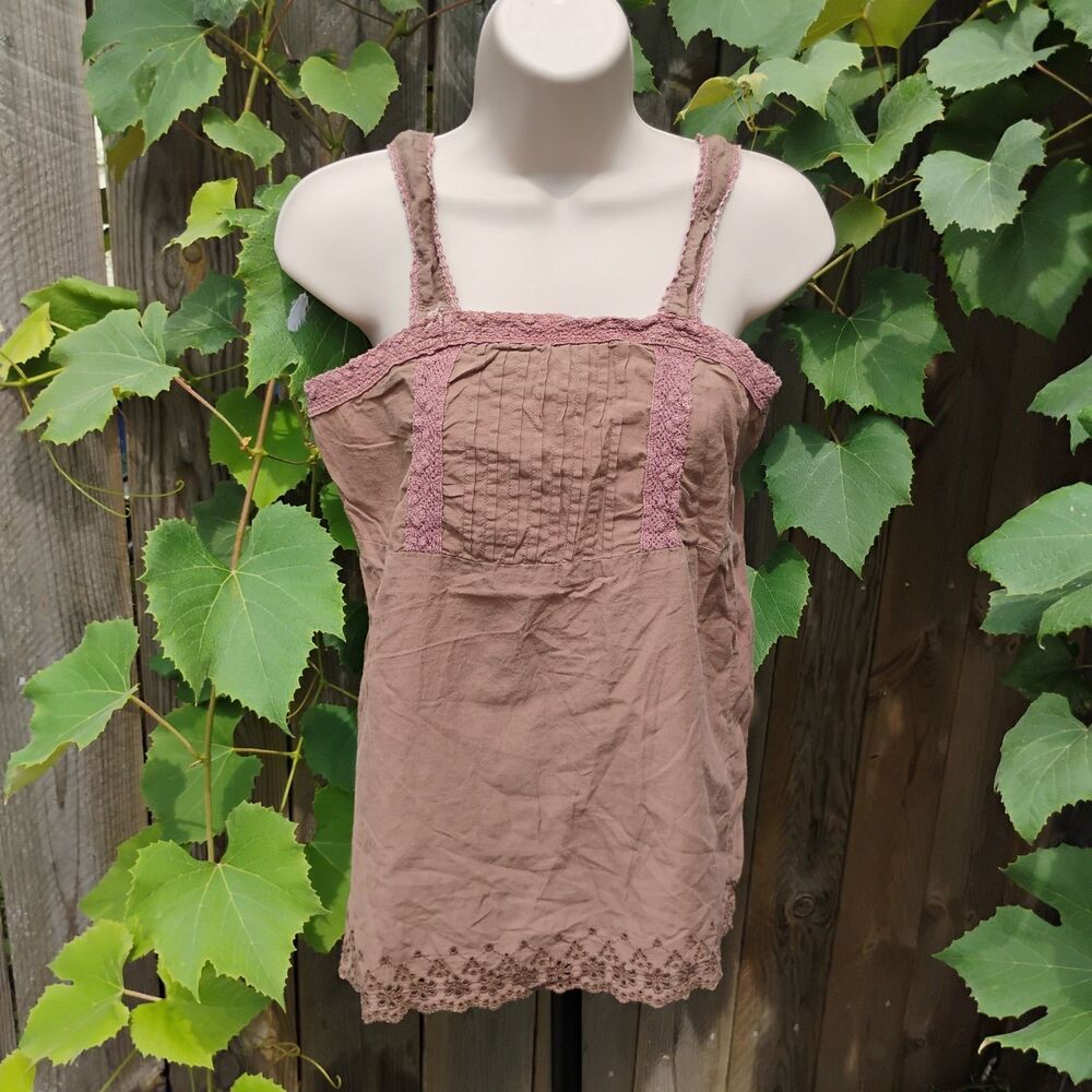 Vintage DCC Brown Cotton Crochet Trim Cami Tank Top Medium Y2K Cottagecore